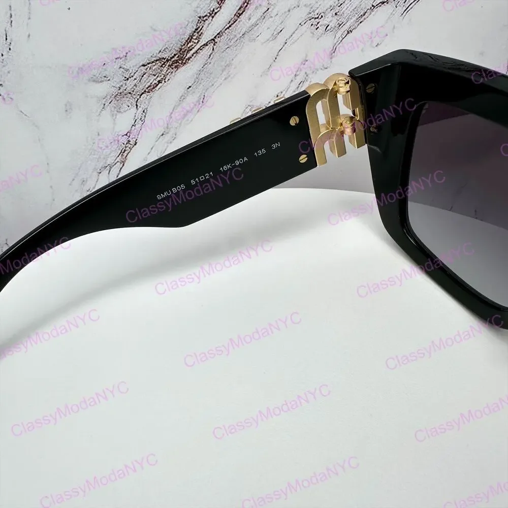 New MIU MIU Sunglasses Black Square 2026 Gold Metal Logo Women Authentic w/ Case